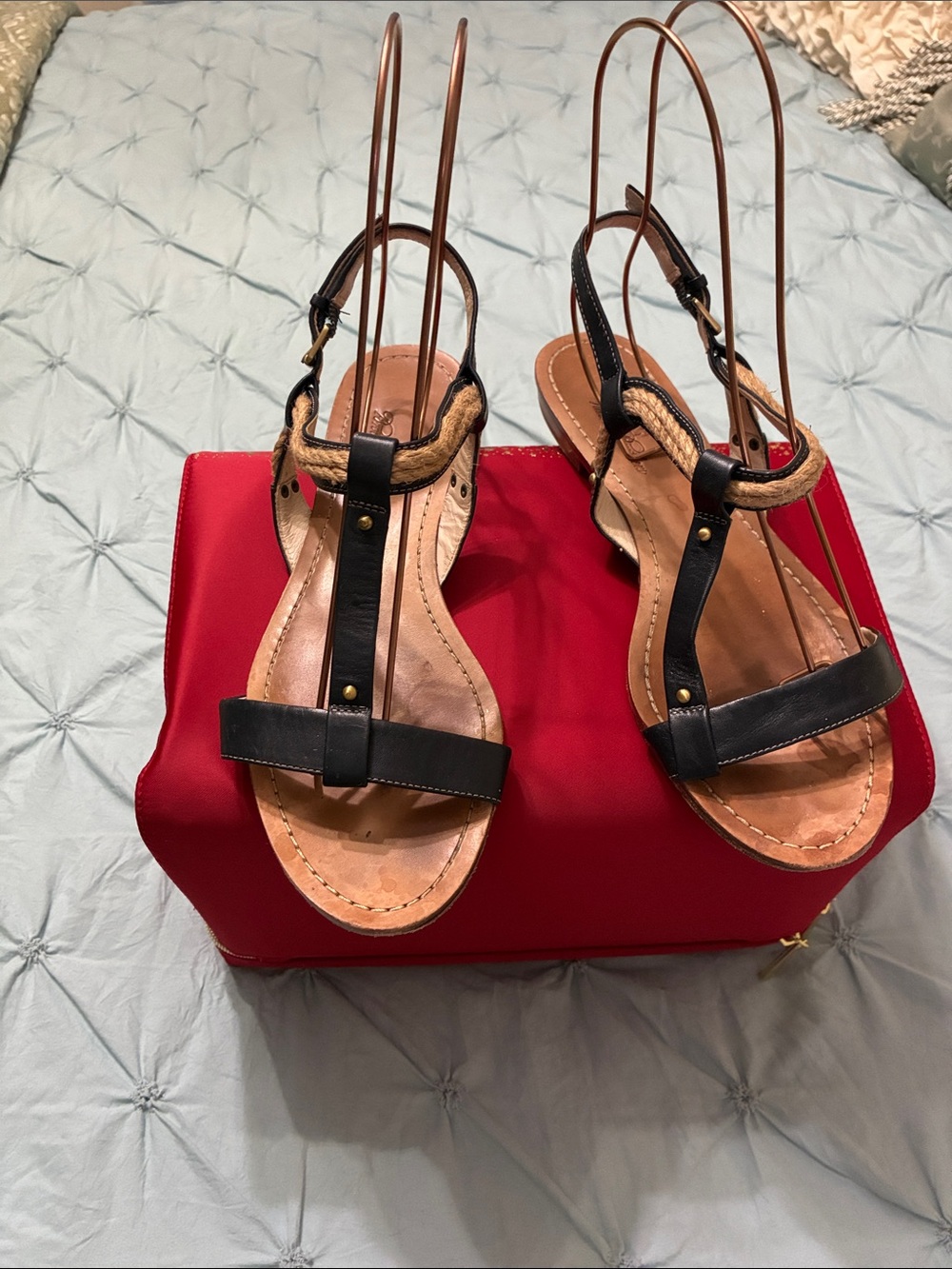 Brooks Brothers Black and Tan Leather T-Strap Sandals